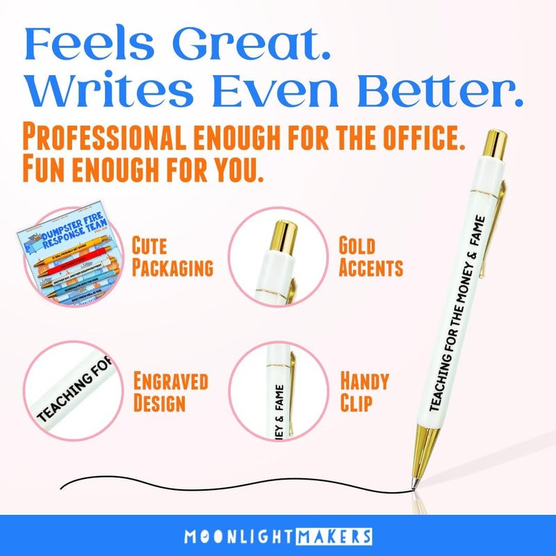 Moonlight Makers - Set of 5 Ballpoint Pens Black Ink- Engraved Funny Pens for Adults - Dumpster Fire Response Team Adult Gifts - Ideal Desk Decor for Work & Office Desk - Cute Packaging, Handy Clips - Image 4